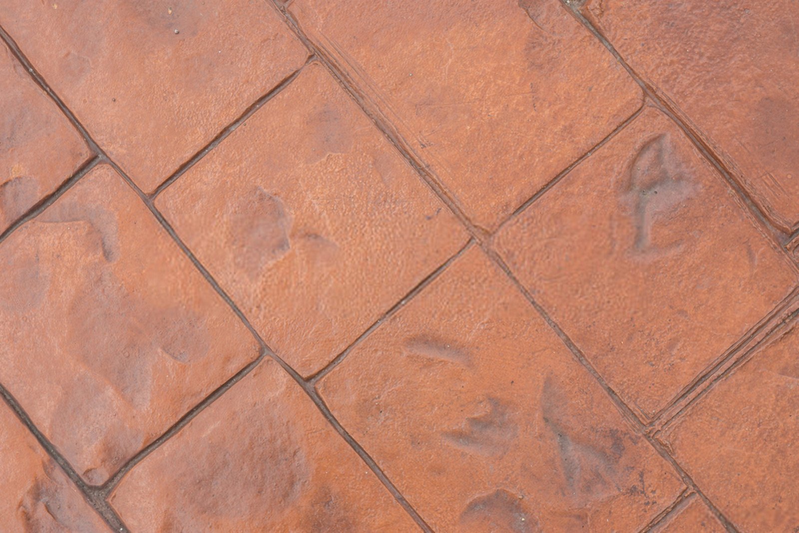 A close-up view of a ground surface featuring reddish-brown, square-shaped tiles arranged in a diagonal pattern. The tiles, likely installed by a stamped concrete contractor in Palm Beach County, have a textured, slightly worn appearance with some faint imprints and small imperfections visible on their surfaces.